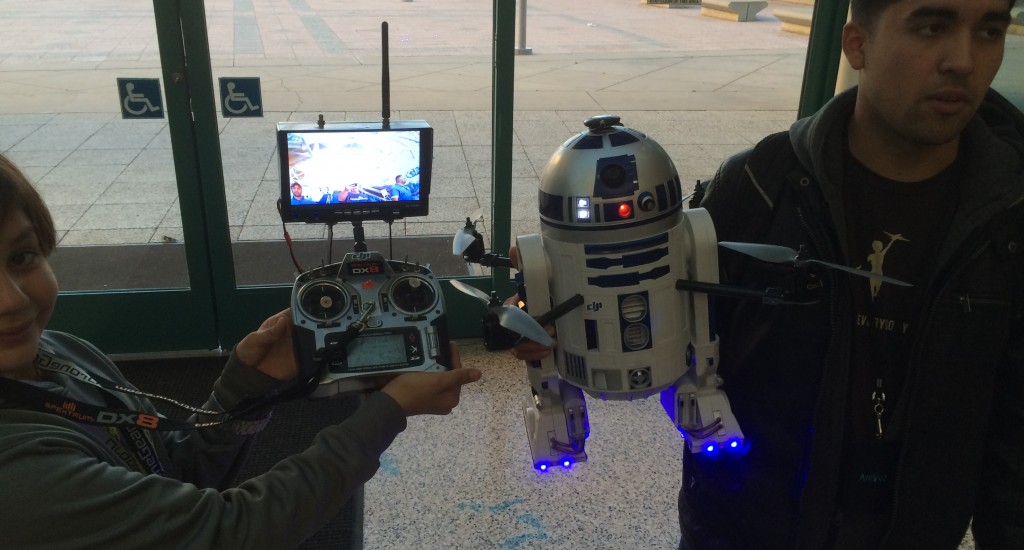 R2D2 Drone built around a DJI platform leaving the Los Angeles Convention Center after IDE 2015.